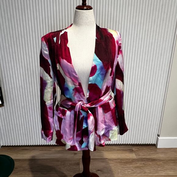 ZARA Women's Lapelles Tied Belt Jacket Printed Satin Blazer Size L - Picture 4 of 11